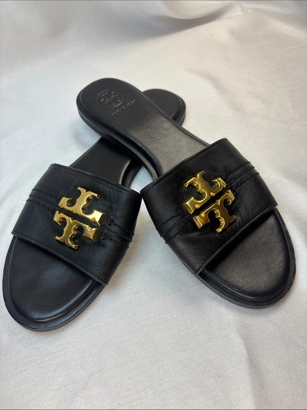 Tory Burch Black Leather Slides with Gold Double-T Emblem